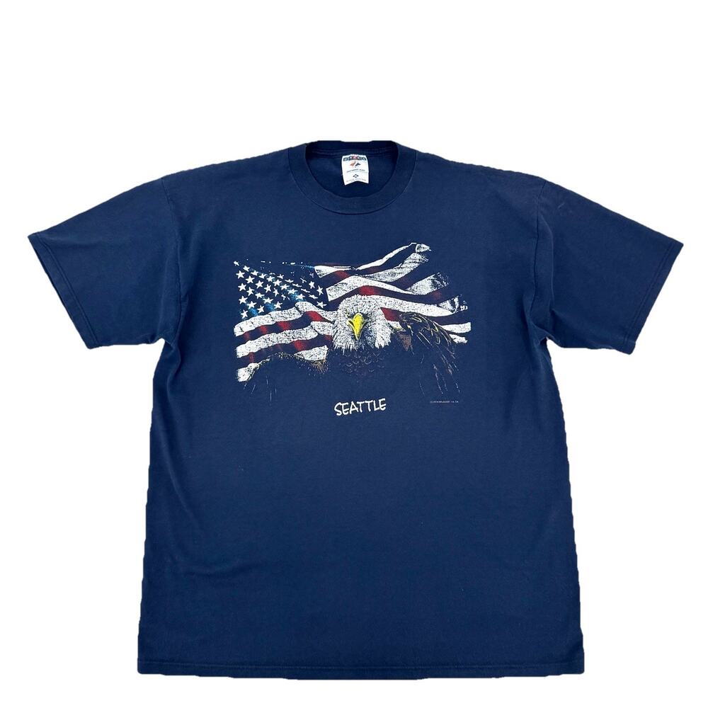 Jerzees American Bald Eagle Seattle Navy Blue Graphic T-Shirt Tag Sz XL USA Made